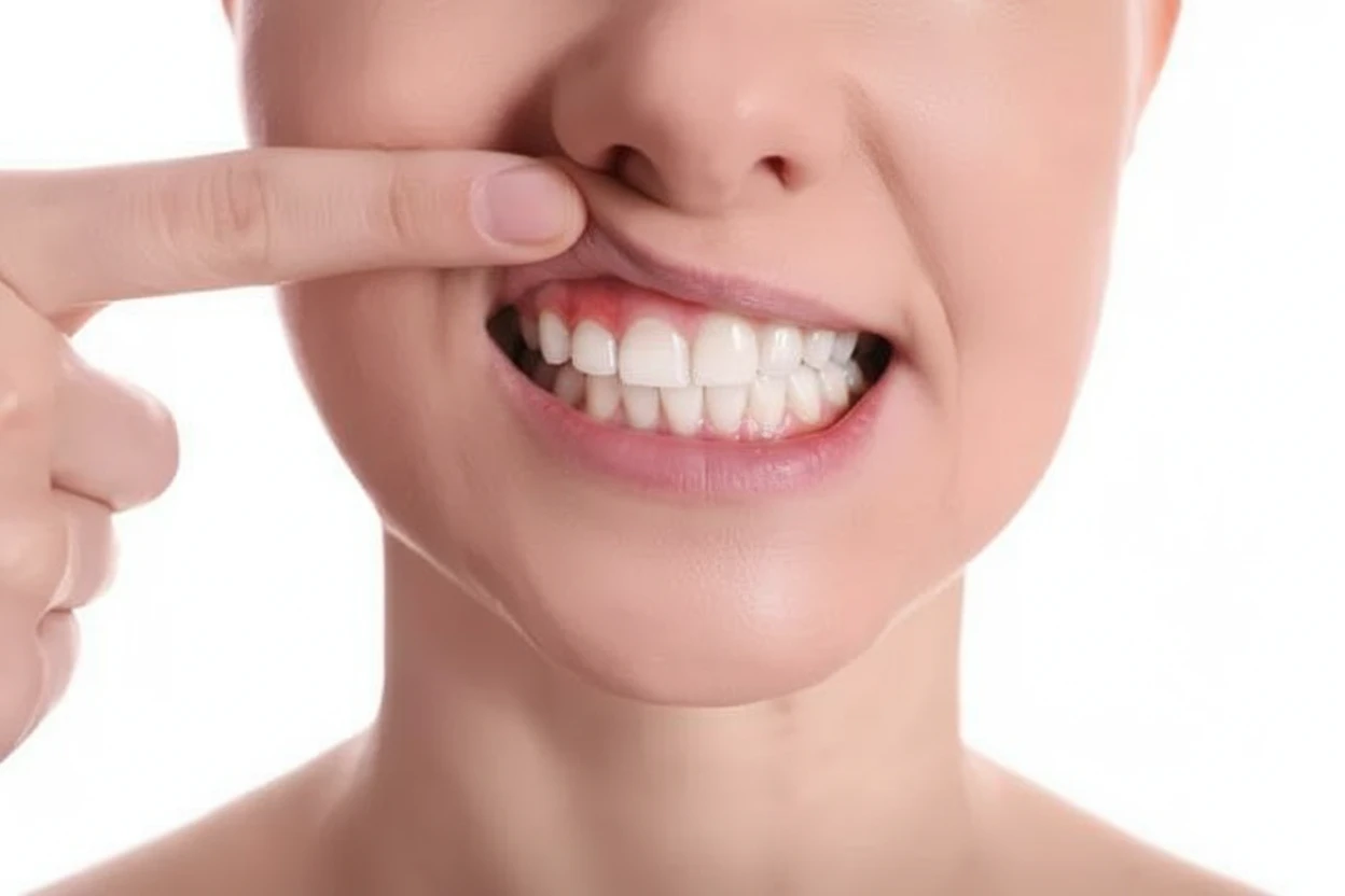 Frau zeigt Zahnfleisch mit Gingvitis